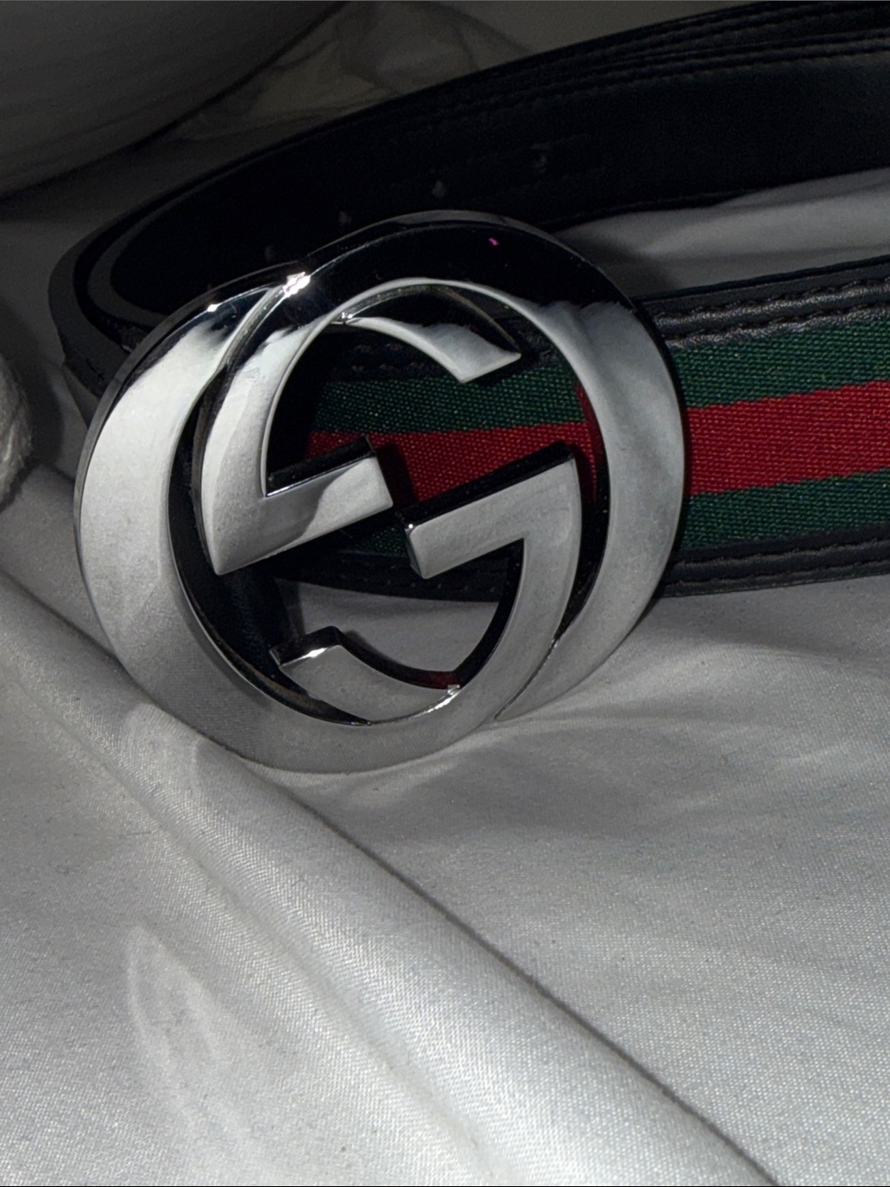Gucci Black Web Belt with Green and Red Stripes and Silver GG Buckle